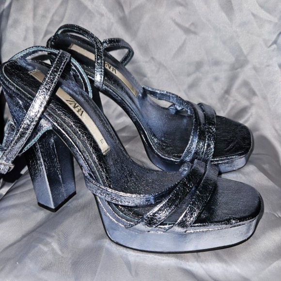 ZARA BLUE METALLIC STRAPPY PLATFORM SANDALS Sz 37/6.5 - Picture 6 of 7